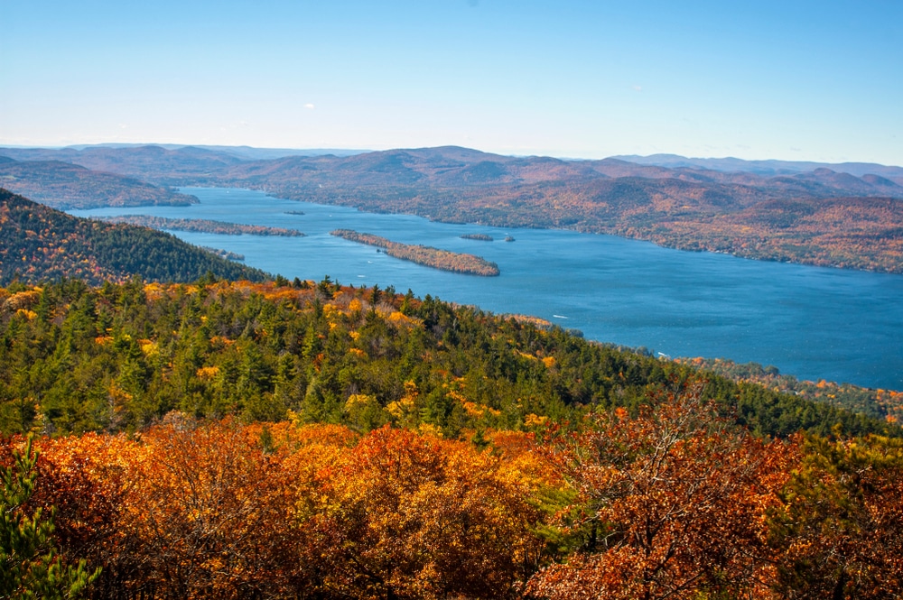 View of Lake George and fall foliage from Buck Mountain, another option to view fall foliage after Prospect Mountain Hiking Trail.